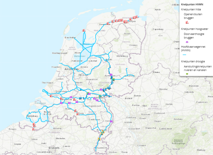 Kaart  hoofdvaarwegennet knelpunten Nederland